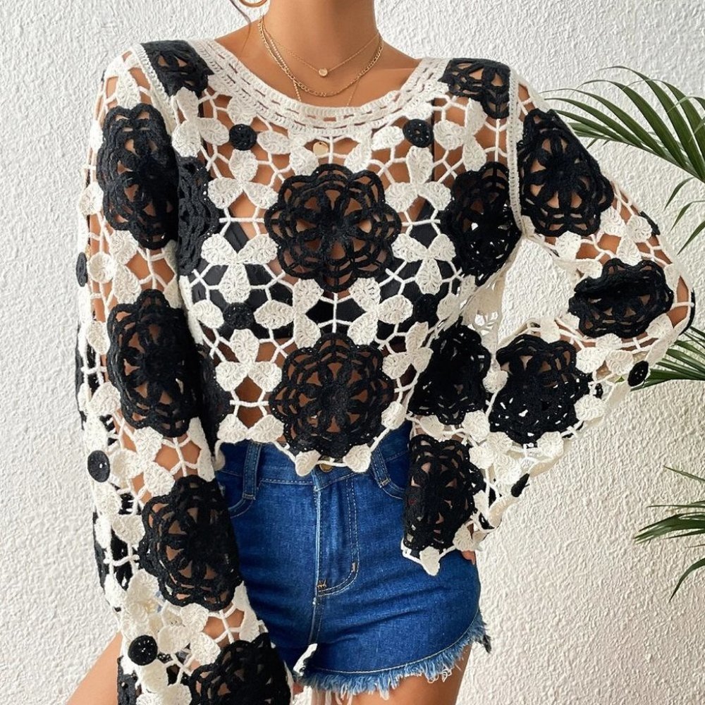 Boho Colorblock Scallop Trim Hollow Out Cover Up - Picture 4 of 5